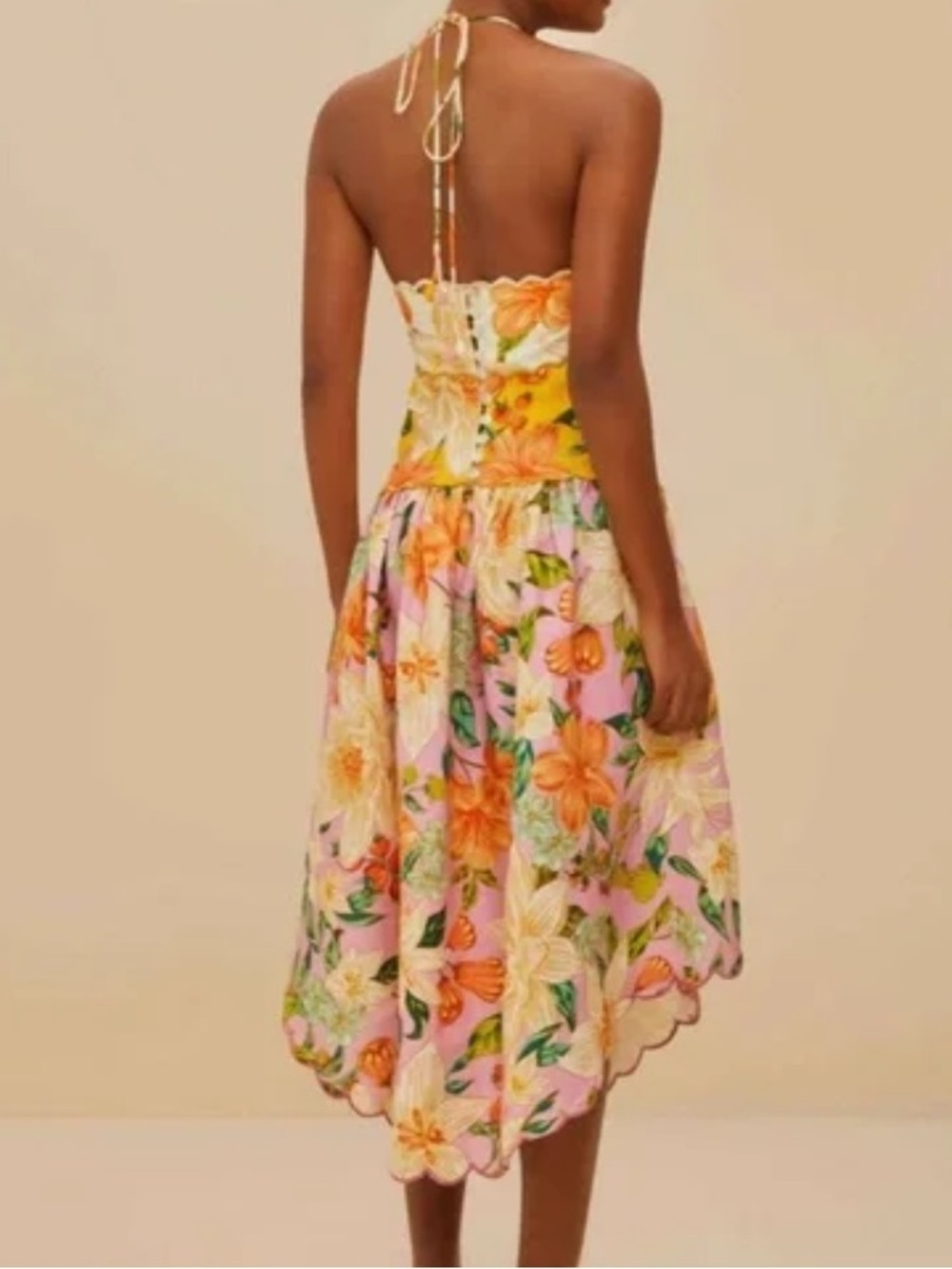 Farm Rio Guaragarden 100% Linen Halter Midi Dress Button Back Floral NWT Large - Picture 2 of 16